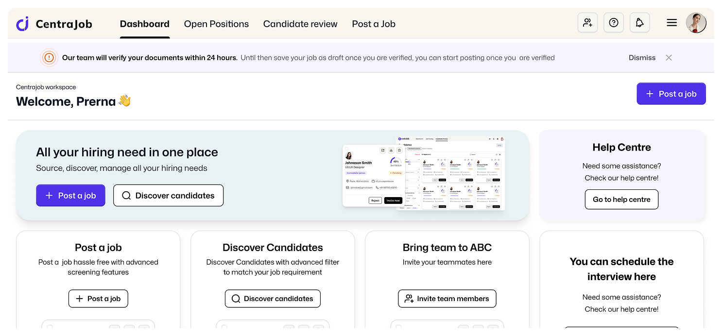 Desktop interface of Centrajob college registration portal