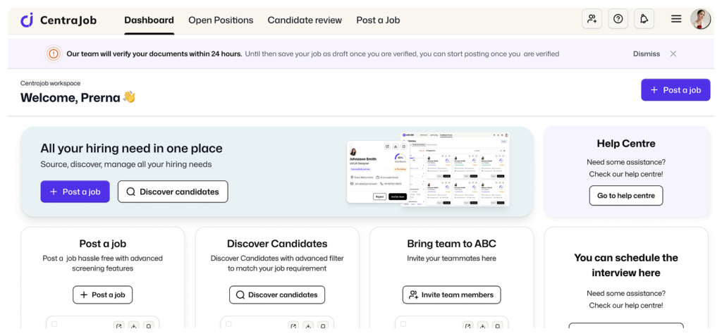 Centrajob UI showing employer tools for managing recruitment