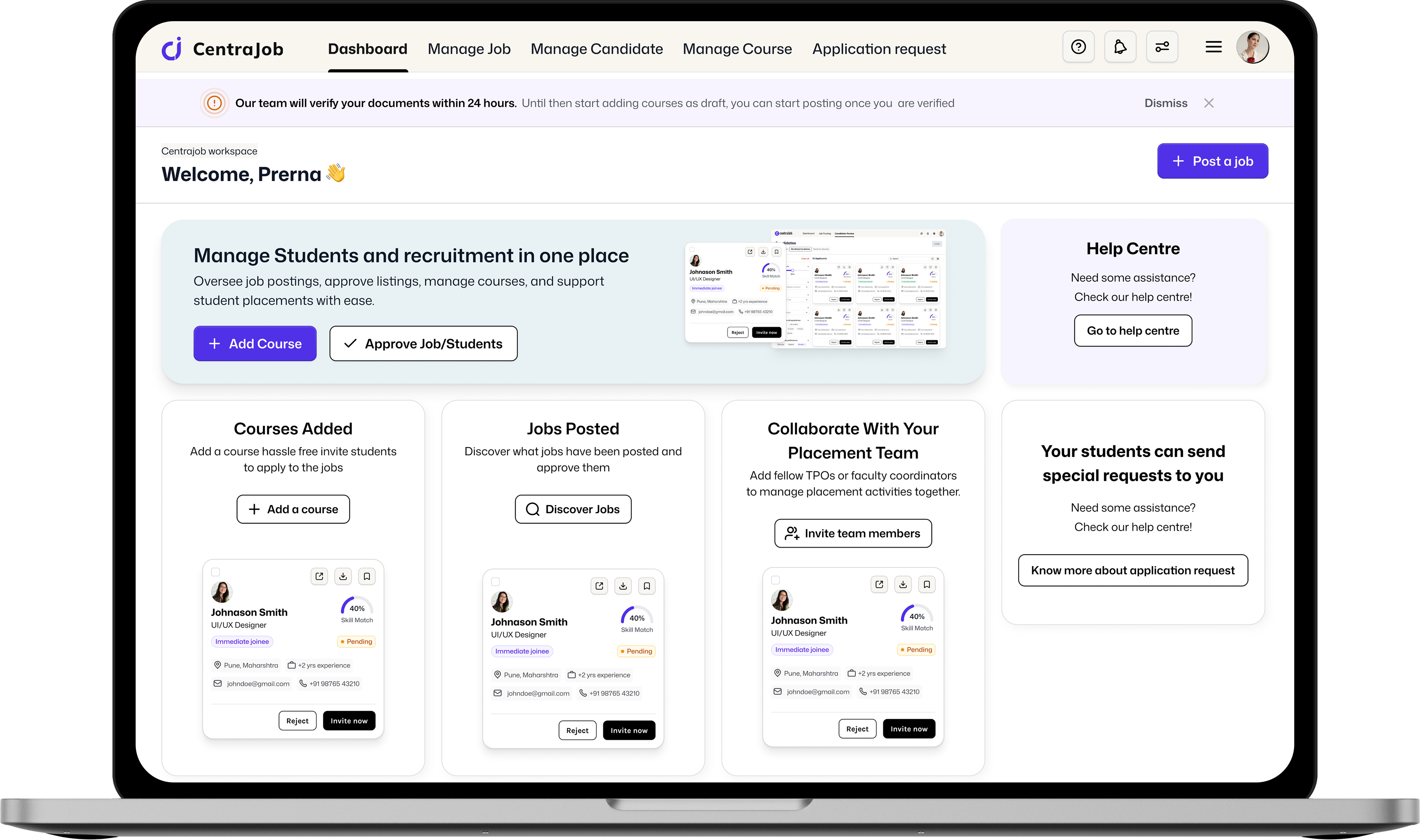 Preview of Centrajob platform on a laptop device