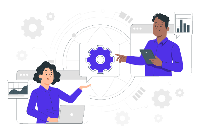 Digital illustration of two colleagues collaborating remotely through an online platform